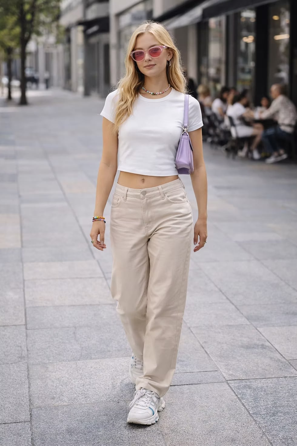 White Cropped T-shirt with Relaxed Trousers White Cropped T-shirt with Relaxed Trousers — Y2K Party Outfit Inspiration